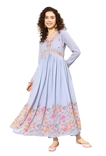 Image of LYMI LABEL Kurta Set For Women - Lavender Zari Sequence Embroidered Anarkali Alia Cut With Floral Print Kurta Pant Set