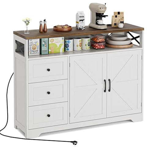 BonVache Sideboard, Küchenschrank mit Schubladen, Aufbewahrungsschrank, Anrichte mit Offenem Regal, Kaffeebar Schrank für Küche, Esszimmer, Wohnzimmer, 120 x 35 x 95cm, Cremeweiß in Holzoptik