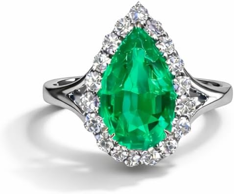 Pear Shape Green Emerald Halo Ring for Women 14K White Gold Diamond Engagement Ring Elegant Split Shank Bridal Anniversary Jewelry Gift for Wife