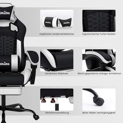 SUKIDA Gaming Stuhl, Ergonomischer Gaming-Stuhl mit Fußstütze, Racing Gaming Chair Kopfstütze Verstellbarer Computerstuhl Höhenverstellbar… – Ansicht 7