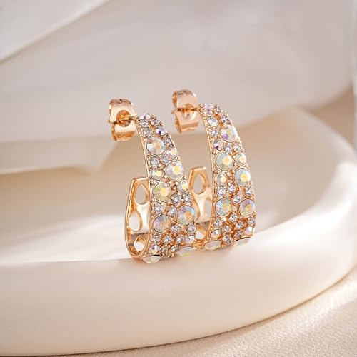 EVEVIC Stunning Multicolor Austrian Crystal Chunky Hoop Earrings for Women 14K Gold Plated Hypoallergenic Half Hoop Earring Trendy Jewelry Gift4