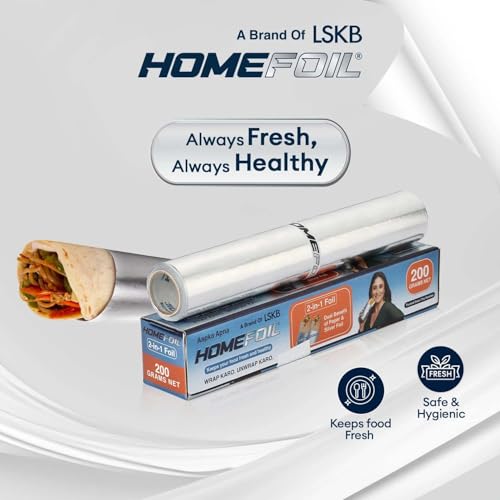 Image of HOMEFOIL 2-in-1 Paper & Silver Converted Aluminium Foil (200 Grams Net) for Food Packing | Keeps Food Fresh | Ideal for Food Wrapping, Packing, Storing and Serving | 13.22 Meter Net Guaranteed Length