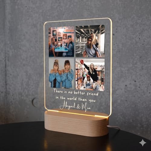 Image of Friendship Day Custom Photo Collage LED Lamp, Personalised Acrylic Night Light for Best Friends, Warm White, Wooden Base, Touch Control, Modern Style (Bestie 7)