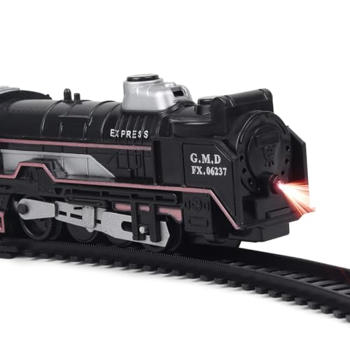Image of VU Toys Big Black Train Set - Battery Operated Engine with Coal, Passenger Coach, Gray & Yellow Container Coaches and Round & Straight Track-Toy Train with Lights & Sound for Kids (3+ Years)
