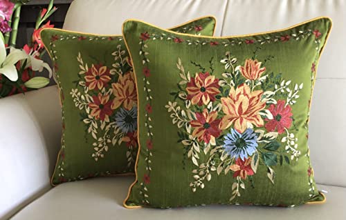 Image of TARA- Sparkling Homes Embroidered 250 TC Cushion Covers 16 X 16 Inches In Cotton Silk, My Fair Lady (Olive Green, 16 X 16 Inches)