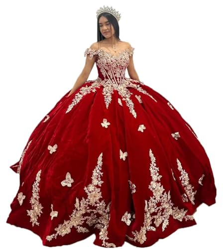 ZVOCY Velvet Quinceanera Dresses Gold Lace Butterfly Applique Ball Gown Off Shoulder Sweet 15 16 Masquerade Princess Dresses