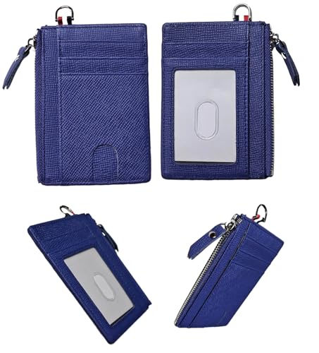 Genuine Saffiano Leather Front Pokcet Slim Minimalist Wallet, ID Badge RFID Card Case with Zipped Pocket (Royal Blue Holder)2