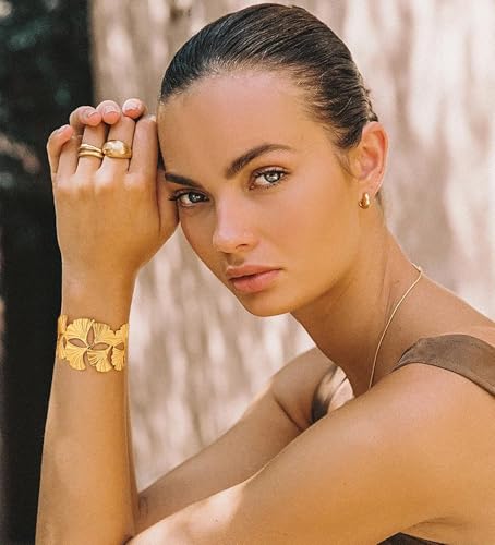 HUAYUNFANG Ginkgo Leaf Gold Cuff Bracelet for Women - Trendy Adjustable Boho Wide Bangle for Chic Style - Image 3