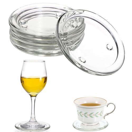 JUXYES Set of 5 Glass Coasters Round Cup Mat, Clear Glass Coasters for Drinks Coffee Tea Wine, Decorative Wine Bottle Coaster Crystal Drink Coaster for Restaurant Kitchen bar Dining Table, 4 Inch