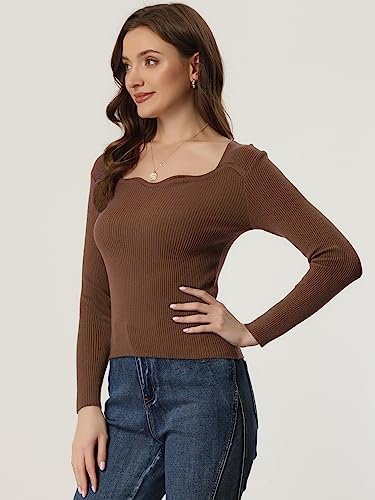 Image of Allegra K Women's Casual Sweetheart Neck Sweater Long Sleeve Top Slim Fit Pullover Sweater Medium Brown