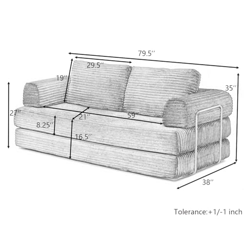 Image of HANXIN 80 Inch Convertible Sleeper Sofa Bed, High Back Plush Corduroy Folding Floor Mattress Couch with Fixed-Shape Frame, Boneless Futon Loveseat with Pull Out Bed, No Assembly Required (Beige)