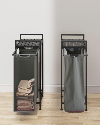 Image of VASAGLE Laundry Basket, Laundry Basket with Shelf, Laundry Box, Oxford Fabric Laundry Bag, Removable, Metal Frame, 47 L, 42 x 28 x 75 cm, Slate Grey /Anthracite Grey, BLH001G01