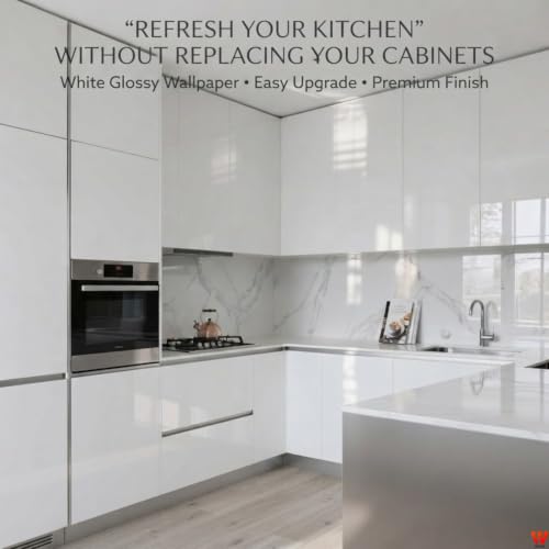 Image of WISDOM White Glossy Peel and Stick Wallpaper Self Adhesive Decorative Vinyl Contact Paper for Home Interior Makeover, Like Drawer cabinets DIY Renovation and Smooth Surface Decoration(20x120)