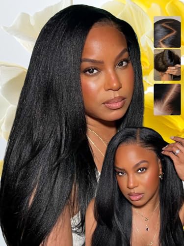 Image of Sunber Yaki Straight Human Hair Wig with Drawstring Bye Bye Knots Pre Cut 7x5 Lace Front Glueless Yaki Wig 180% Density Upgrade 3D Cap Put On Go Pre Plucked with Baby Hair Pre Bleached Knots 22Inch