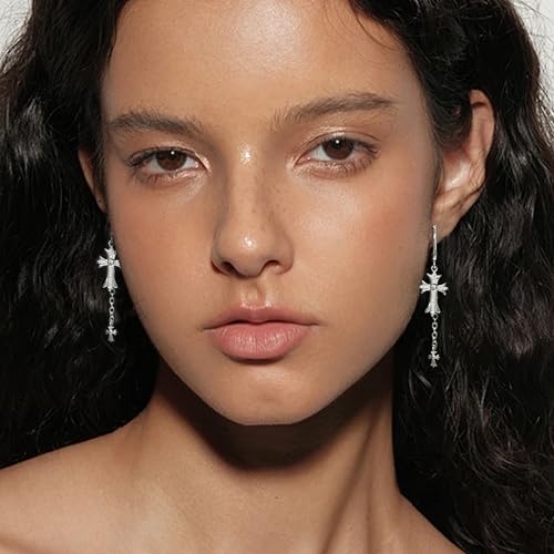 Double Cross Earrings, 925 Sterling Silver Stud Diamond Cross Drop Dangle Tassel Earrings for Women Men, Christian Hypoallergenic Punk Goth Jewelry Gift2