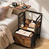 Swivel Lift Top Nightstand with Charging Station, 2-Tier 360° Adjustable Bedside Table, Rolling Night Stand with Wheels, Small End Table with Fabric Drawer, for Bedroom, Living Room, Rustic Brown