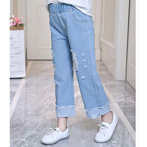Aislor Kids Little Girls Fashion Ripped Holes Denim Pants Elastic Waistband Jeans Casual Baggy Straight Trousers3