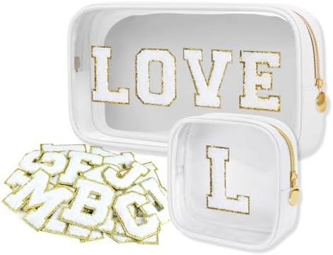 Personalized Travel Makeup Bag Set, 2PCS Toiletry Bag & 26 Chenille Letters, Elegant Skincare Bag, DIY Bridal Shower Gifts for Engagement Wedding (White)