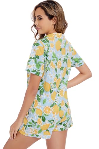 Image of LUBOT 100% Cotton Pajamas for Women 2 Piece PJ Set Button-Down Soft Knit Short Sleeve Summer Sleepwear Loungewear XS-XXL
