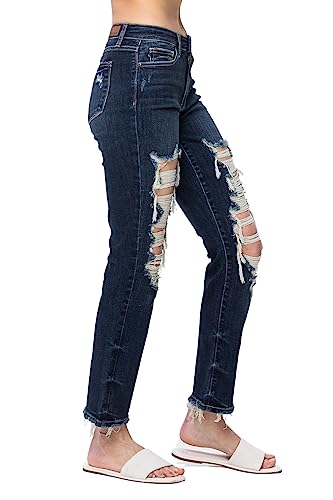 Judy Blue Women's Mid-Rise Heavy Destroy Straight Leg Jeans3