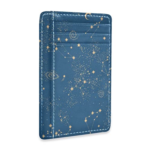 OTVEE Space Galaxy Constellation Moon Stars Blue Slim Minimalist Wallet Rfid Blocking Card Wallets PU Leather Front Pocket Wallets