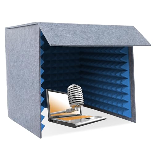 Cabina pequeña de música absorbente de sonido, estudio portátil de grabación de escritorio azul, caja acústica plegable ligera, escudo de privacidad insonorizado para grabación de voz, 31.4 pulgadas miniatura 1