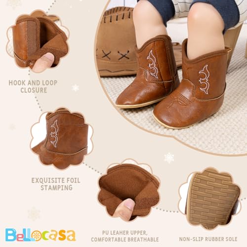 Bellocasa Baby Western Cowboy Boots Infant Boys Girls Non-Slip Soft Sole Booties Toddler Newborn First Walker Crib Shoes(JY3166 brown,2) by Bellocasa - Image 5