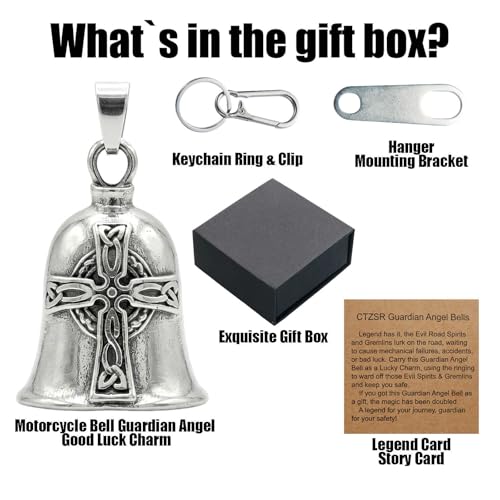 Image of Motorcycle Bell Guardian Angel - Good Luck Gremlin Charm Gift With Gift Box, Legend Card, Keychain And Hanger For Rider Men Kids Friends & Weather-resistant Bells For Bike Car Bicycle (Irish Cross)