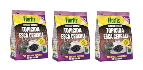 Flortis Topicida Esca Cereali. Kit 3 unità di topicida. Veleno per Topi da 150g. Esca per Topi in bustina Pronto Uso di Veleno Topi. Veleno ratticida per Uso Domestico. Esca Topi Uso Esterno/Interno.