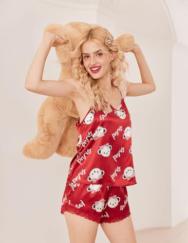 Image of Ekouaer Satin Pajamas Women Lace Sleepwear Lingerie Cami Shorts Set Nightwear XS-XXL