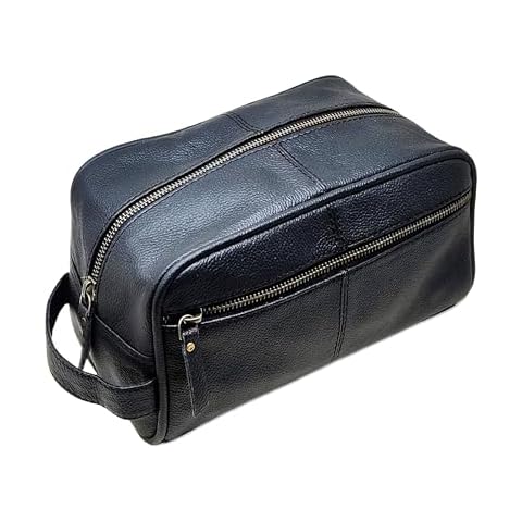 jaald Men's Genuine Leather Toiletry Bag Waterproof Dopp Kit Shaving Bags And Grooming For Travel Groomsmen Gift Men Women Hanging Zippered Makeup Bathroom Cosmetic Pouch Case Make Up kit Cover