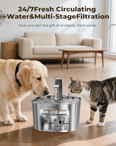 Katzenbrunnen Edelstahl 2,2L | Super Leise Trinkbrunnen für Katze mit Kabel | Katzen Trinkbrunnen mit 5-stufiges Filtersystem & LED-Licht | Einfach zu Reinigen | mit 4 Aktivkohlefilter