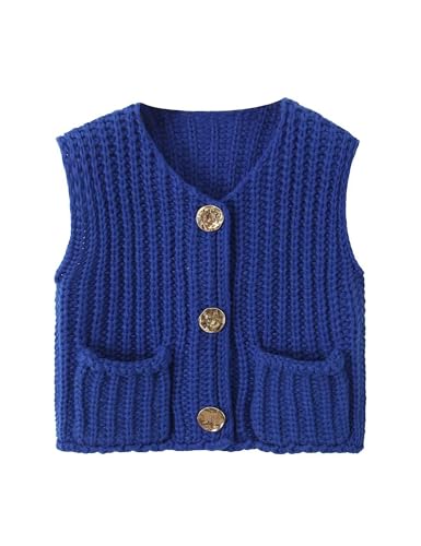 Image of Womens Knit Vest Tops Sleeveless Cropped Chunky Sweater Vests Botton Down Lightweight Cardigan with Pockets