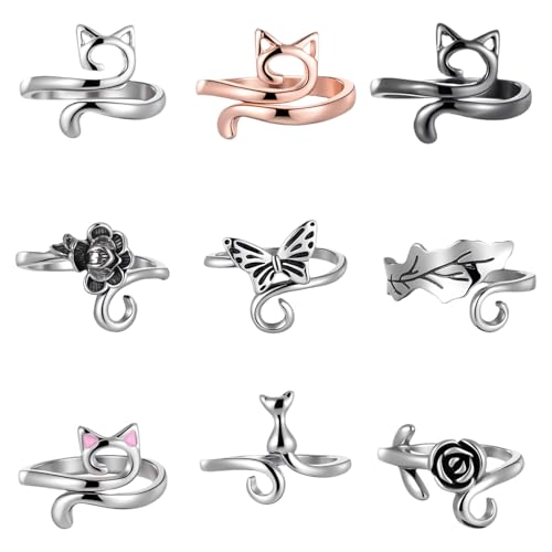 TIESOME 9 Stück Verstellbare Häkelringe Finger Metall Katze Häkelzubehör Vintage Crochet Rings für Strick- und Häkelarbeiten (Silber Schwarz Rosa)