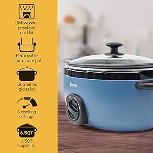 USC-65-OP001BL 6.5 Quart Slow Cooker,Aluminium Sear/Sauté Stew Pot Stovetop safe,Dishwasher Safe,Glass Lid,Adjustable Temp,Food Warmer(Blue) USC 65 OP001BL 65 Quart Slow CookerAluminium SearSaute Stew Pot Stovetop safeDishwasher SafeGlass LidAdjustable TempFood WarmerBlue