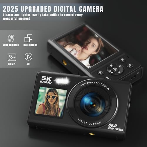 5K Digital Camera, Dual Screens Camera with 18X Digital Zoom, Compact Vlogging Camera for Teens, Beginner-Friendly Gift Pack, 32GB Card & 2 Batteries, Black by UIKICON - Image 2