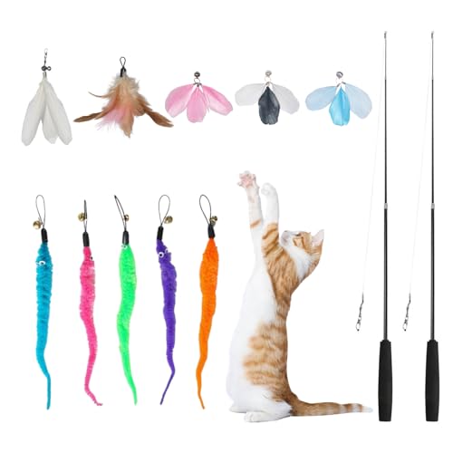 KLVGTIFS 12 Pièces Jouet Chat Interactif, Jouet à Plumes pour Chats, 2 Rétractable Canne à Pêche Jeux, 10 Recharges avec Cloche, Jeux Interactif pour...