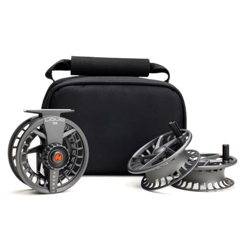 LAMSON | Liquid S-Series Size -5+ Fly Fishing Reel 3 Pack | All-Water | 1 Reel & 2 Bonus Spools + Carrying Case | Large Arbor, Powerful Sealed Drag, Pressure Cast Aluminum | Smoke | 4wt 5wt 6wt Size