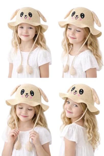 Image of FabSeasons Kids Cute Straw Sun Hat with Moving Ears (Ages 4-8 Years) | UV Protection, Wide Brim, Foldable, Beach Bucket Cap | Girls & Boys Breathable Summer Sun Hat with Inner Adjustable String