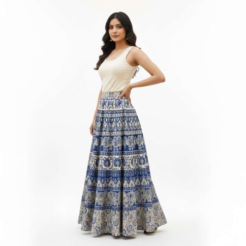 Image of HARSHITA-Enterprises Jaipuri Women's Cotton Printed Elastic Long Skirts