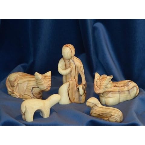 Figuras del belén en Estilo Moderno. Altura 16 cm. El Pastor con Dos ovejas, el Buey y el asno. Madera de Olivo Cover