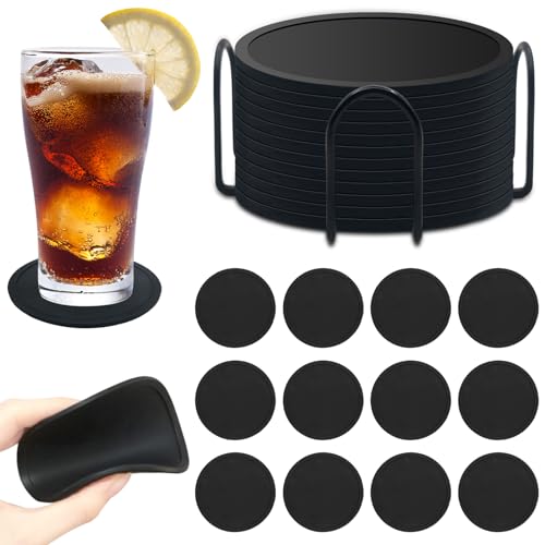 LOVICVKEM 12 Piezas Posavasos de Silicona Redondos en Negro sin BPA,Posavasos para Bebidas,Posavasos Lavable y Antideslizante,Posavasos para Bar,Tazas,Posavasos,decoración de Mesa,Posavasos Ø 10 cm