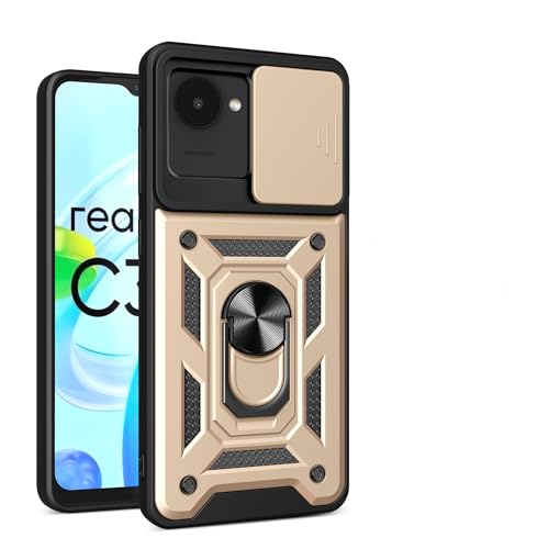 bojioderf Compatible with Realme C30 4G Case,Compatible with Realme Narzo 50i Prime 4G RMX3506 Magnetic Bracket [PC+TPU] 2 in 1 Slide Lens Gold
