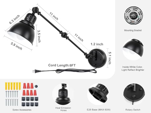 Image of GOODATE 2 Pack Plug in Wall Sconces, Dimmable On Off Switch, Swing Arm Wall Lamps, Wall Sconces Set of Two, Black Metal Industrial, Plug-in or Hardwired (Black, Without Bulbs+Remote)