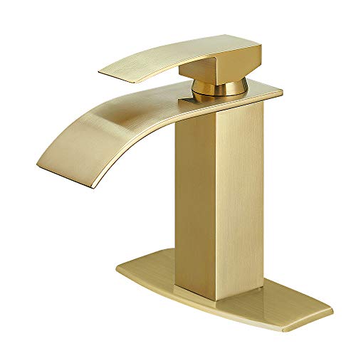 BESy Waterfall Spout Bathroom Faucet, Single Handle Bathroom Sink Faucet, Rv Lavatory Vessel Faucet Basin Mixer Tap with Deck Plate, Solid Brass/ Brushed Gold