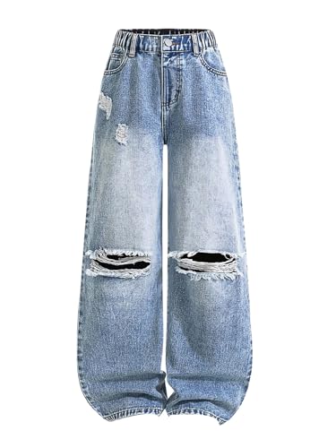 Verdusa Girl's Y2K Ripped Distressed Baggy Jeans Wide Leg Elastic Waist Loose Denim Pants