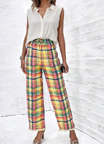 Palazzo Pants for Women Casual Multicolor Gingham Wide Leg Capri Pants 2025 Summer Boho Lounge Trousers with Pockets2