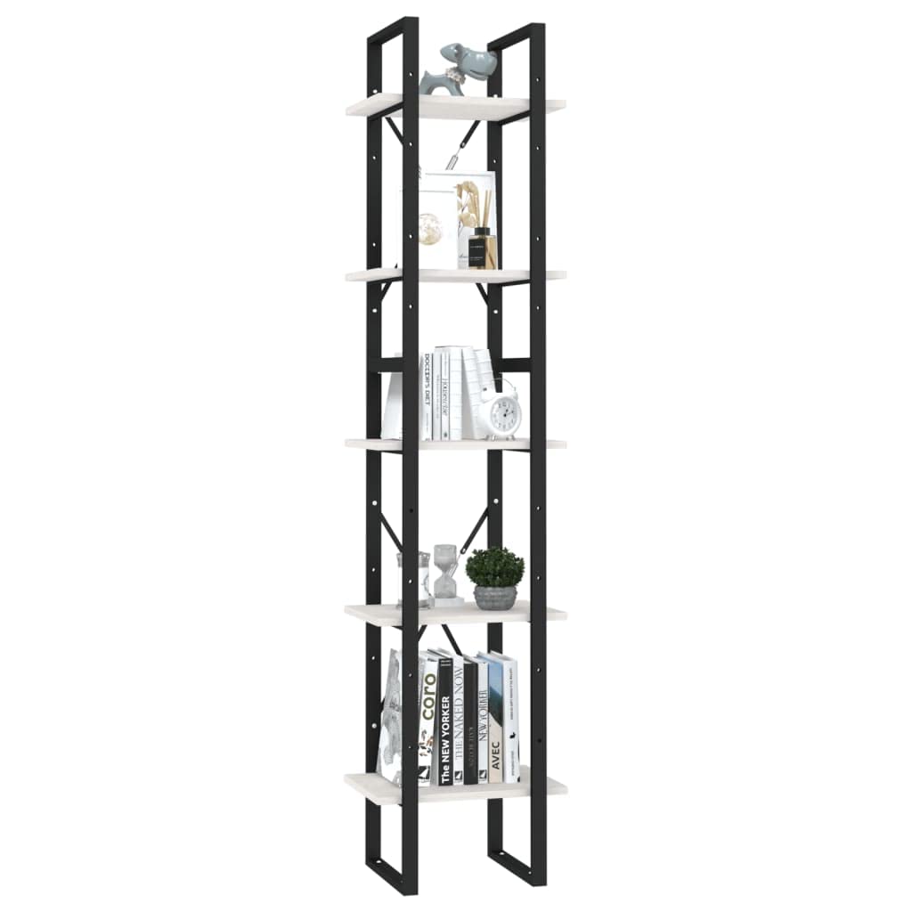 Estantería de 5 compartimentos, madera maciza de pino con marco de metal, 40 x 30 x 175 cm, estantería de pie alta y baja para salón, moderna estantería industrial con mucho espacio de