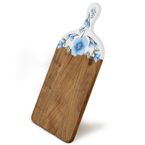 Acacia Wood Cutting Board for Kitchen – Large Wooden Decorative Hand Painted for Charcuterie Chopping Cheese bread and meat - With Handle (21 x 10 x 0.8 in) (Turquoise)