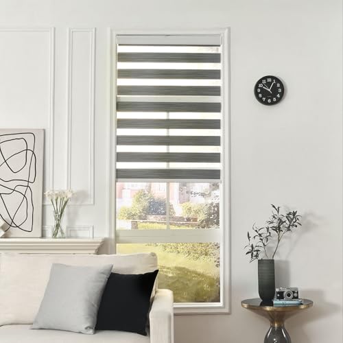 Joydeco Cordless Zebra Blinds for Windows, Dual Layer Free-Stop Zebra Shades Privacy Light Control for Day and Night, Light Filtering Sheer Blinds for Indoor Windows, Kitchen (Grey, 45" W x 75" H)